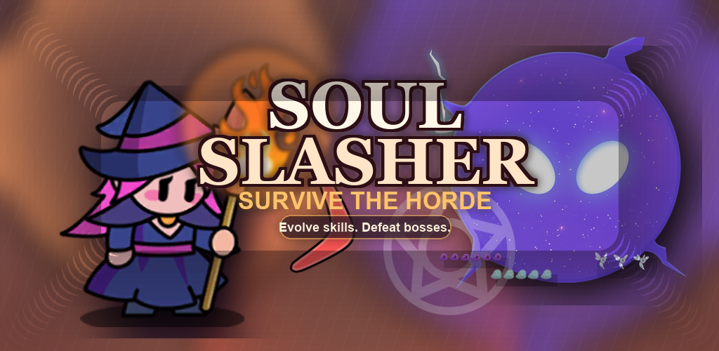 Soul Slasher key art with a wizard hero and a purple boss creature.